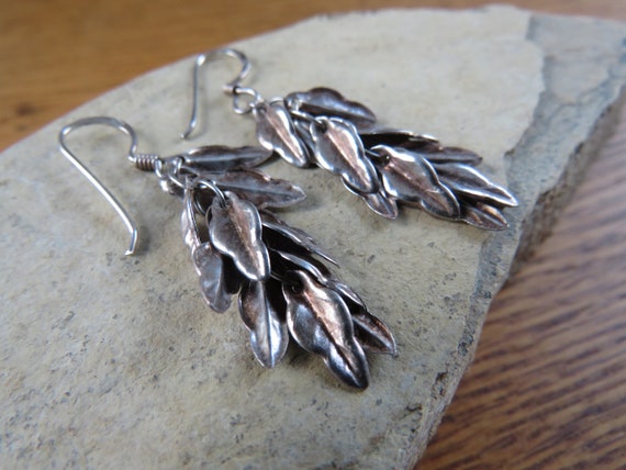 Sterling Leaves, Leaf Cluster Dangle Earrings, FU… - image 6