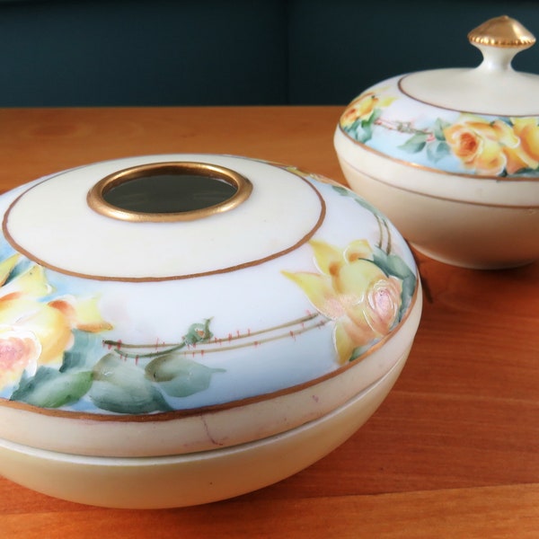 Limoges France Hand Painted Yellow Roses Hair Receiver & Powder Jar - Dresser Set, Vanity Set