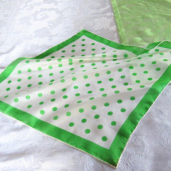 Green Polk Dots White Neck Scarf, Pocket Square, Hand Rolled Hem, Made in Japan, Saint Patrick's Day Fun!