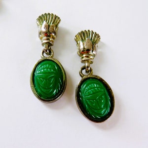 Green Resin Scarab Silver Tone Stud Dangle Earrings