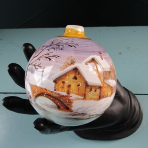 Italian Pottery Tree Ornament, Hand Painted Snow and River Scene