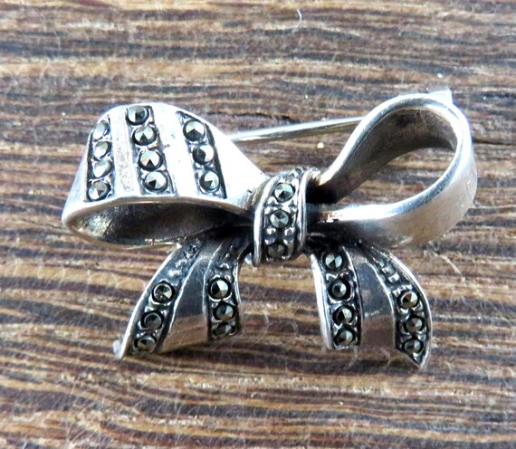 Grande Broche Noeud Argent 925 Et Marcassite Style Art Déco - Vintage Ancienne