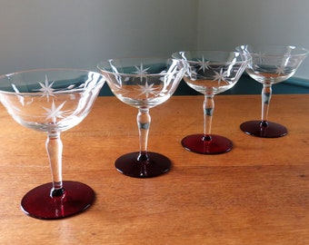 SET of 4 Red Base, Etched Glass, Atomic Style Champagne Coupes, Tall Sherbets