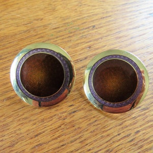 Laurel Burch VICTORIA round circular clip on earrings, Gold Tone, Purple, Brown