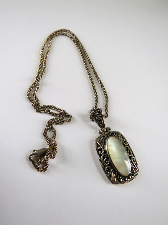 Sterling Marcasite Mother of Pearl oval pendant I… - image 1