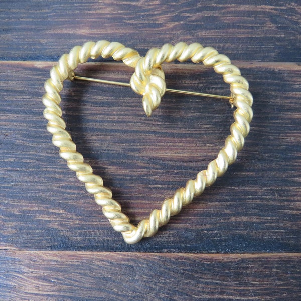 Large Gold Tone Rope Heart Brooch, 2 3/4" x 2 3/4"