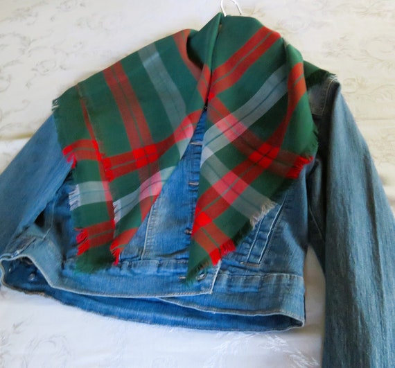 Rayon Fringed Scarf, Green Red White Plaid, Circa… - image 4