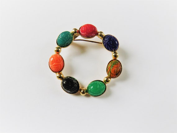 Scarab Glass Gold Tone Brooch - Vintage Egyptian … - image 4