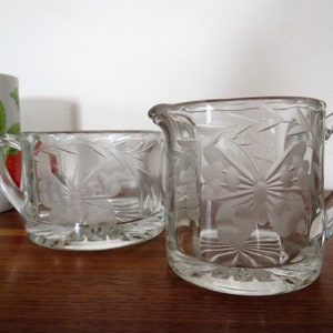 Etched Glass Butterfly Flowers Sugar Creamer Set