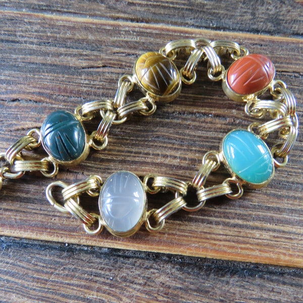 Scarab Bracelet Hand Carved Onyx, Jade, Unakite, Tiger Eye, Rhodonite, Lapis, Carnelian