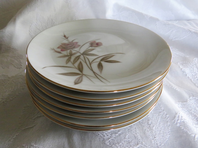 2 to 8 long stemmed pink rose with soft brown-gray leaves and stems Fine China -Royal Sovereign Blush Rose bread plates