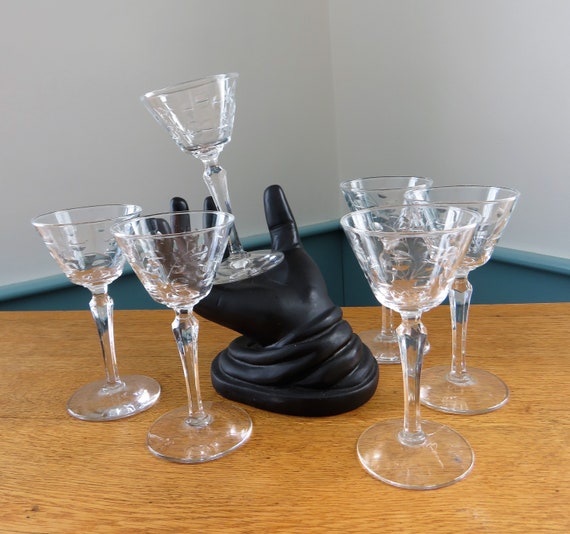 SET of 6 Cut Glass Cocktail Glasses, Berries, Stems, Leaves, 5 1/2 Tall, 2  7/8 Diameter, 3 Ounces 