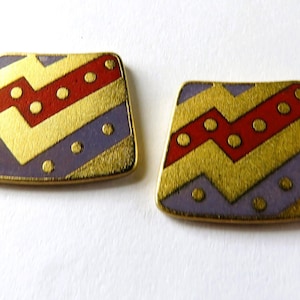 Laurel Burch TRIBAL PATTERN Fan Shaped Studs - Matte Gold Tone, Red and Purple