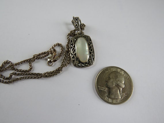 Sterling Marcasite Mother of Pearl oval pendant I… - image 8