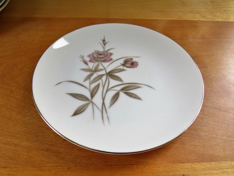 2 to 8 long stemmed pink rose with soft brown-gray leaves and stems Fine China -Royal Sovereign Blush Rose bread plates