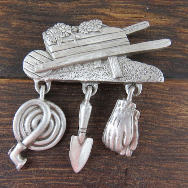 Pewter Wheelbarrow Gardening Charm Brooch - Cart, Gloves, Hose, Trowel, Flowers - Spoontiques 4176