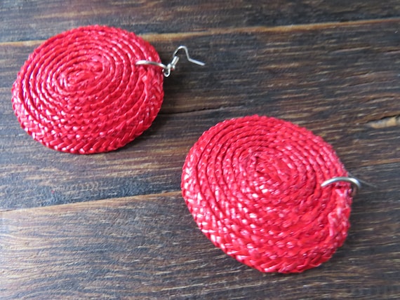 Large Hot Pink Straw Silver Tone Earrings - Summe… - image 5