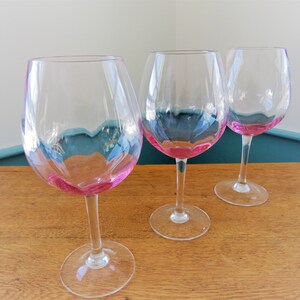 3 PINK SWIRL Wine Glasses, Clear Stems, 8 1/2&quot; tall,