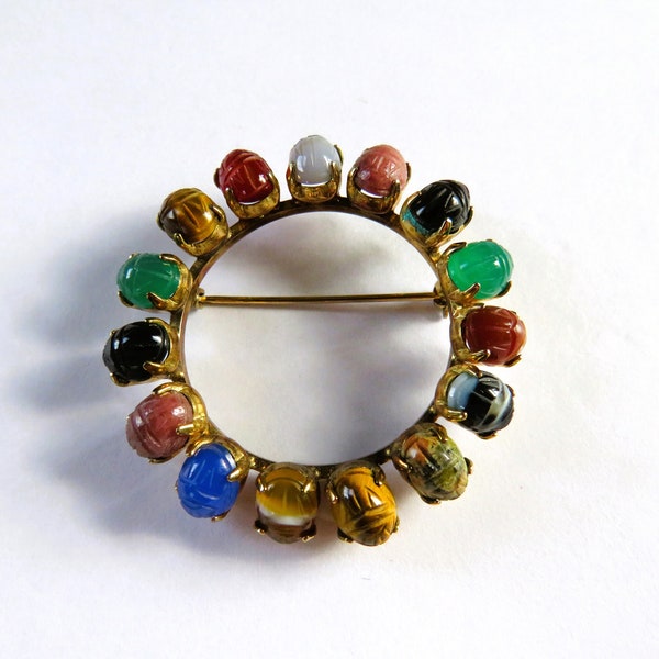 RONCI 1/20 12 KT Gold Filled Scarab Brooch, 1 3/4", 15 Hand Carved Scarabs, Semi Precious Stones