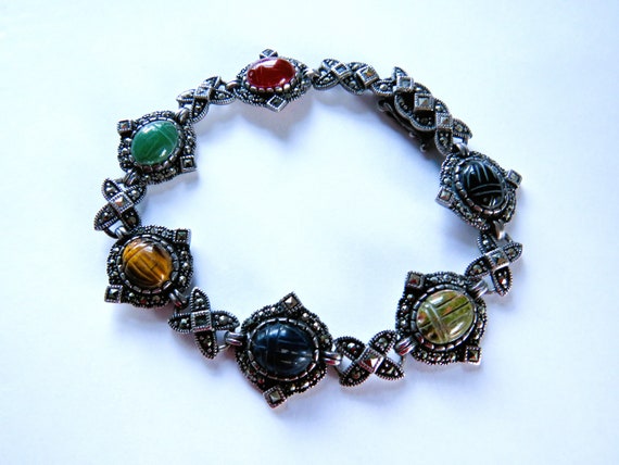 Sterling Marcasite Scarab Bracelet - Hand Carved … - image 3