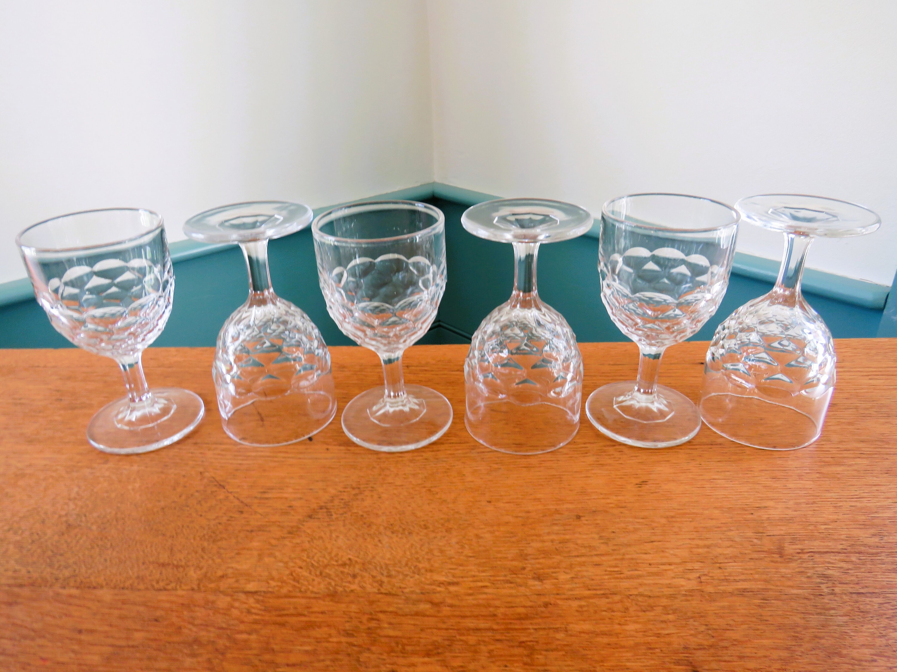 EAPG Clear Glass Honeycomb Small Wine Glasses 4 3/8 Tall 6 Oz. 