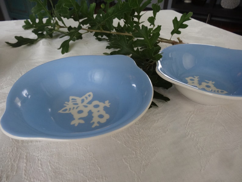 2 Harker Pottery Cameoware Dainty Flowers Pattern blue cereal soup bowls with tab handles excellent condition