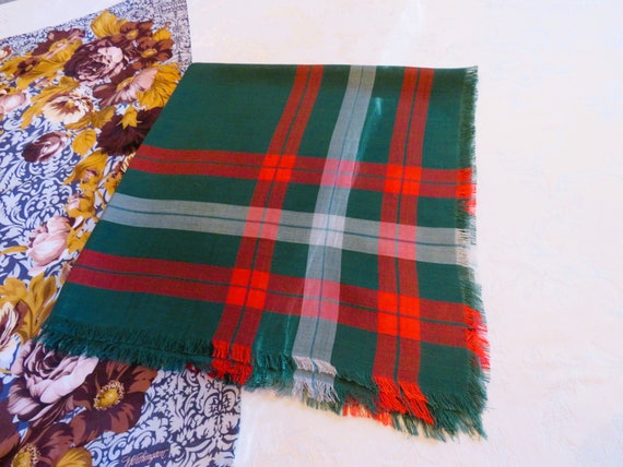 Rayon Fringed Scarf, Green Red White Plaid, Circa… - image 8
