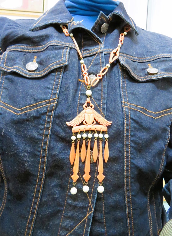 Winged Scarab Necklace - Carved Salmon Coral (?), 