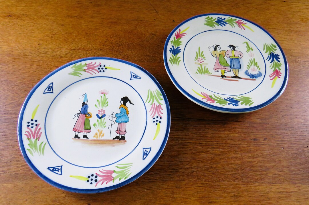 2 French Country Style Pottery Plates Hand Painted Nice Wall Etsy