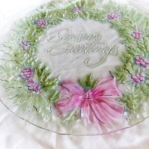 Vintage Indiana Glass Season's Greetings Platter: Rainbow Mist Wreath (New in Box)