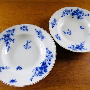Puede incluir: Dos cuencos de sopa de porcelana blanca con un estampado floral azul y ribete dorado. Los cuencos tienen un borde festoneado y están sobre una superficie de madera. El diseño floral es azul.