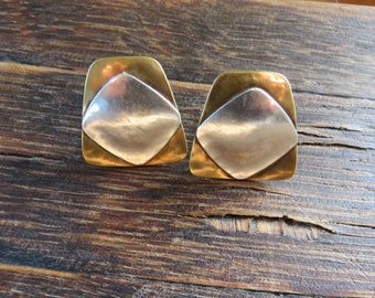 Marjorie Baer MB SF Mixed Metal Brass Silvertone Vintage Modernist Curvy Geometric Trapezoidal Clip On Earrings