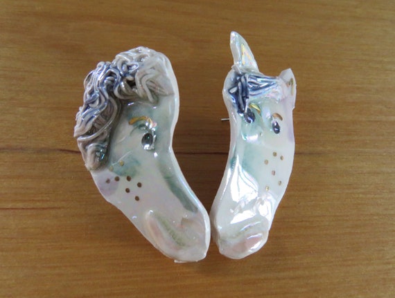 White Porcelain Horse Stud Earrings, Spaghetti Ha… - image 4