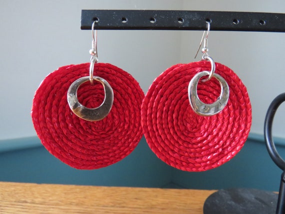 Large Hot Pink Straw Silver Tone Earrings - Summe… - image 3