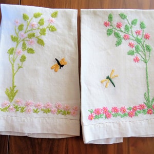 Set of 2 Hand Embroidered Linen Dragonfly & Flowers Tea Towels