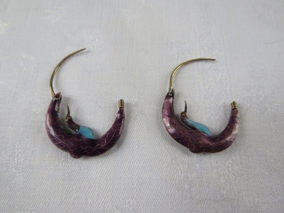 Cloisonne Arched Crane Hoop Earrings - Early Laur… - image 5