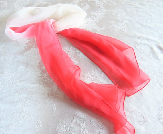 Peachy Pink White Chiffon Oblong Scarf, Very mid … - image 4