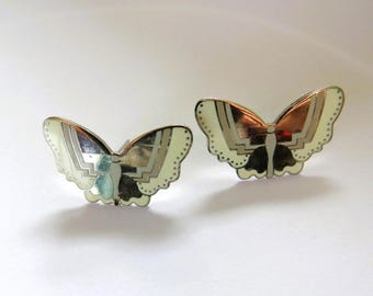 Laurel Burch Silver Tone Ivory Beige and Warm Gray Papillon Butterfly Studs - 1" wide