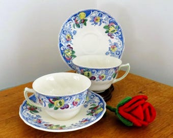 2 filiżanki i spodki Royal Doulton Pomeroy, wielokolorowe owoce i kwiaty