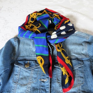 LIZ CLAIBORNE Square 30 1/4&quot; Navy, Medium Blue, Gold, Red, White Polka Dots.