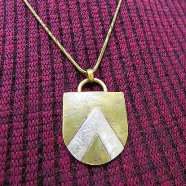 Marjorie Baer SF Mixed Metal Pendant Necklace, Shield with Chevron  on Snake Chain,Adjustable Length, Hang Tag