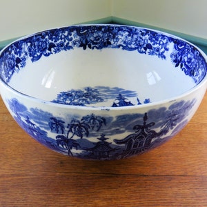 Antique Wedgwood Large Serving Bowl Blue Transferware, Chinese Pagodas and Mountains, minor imperfections