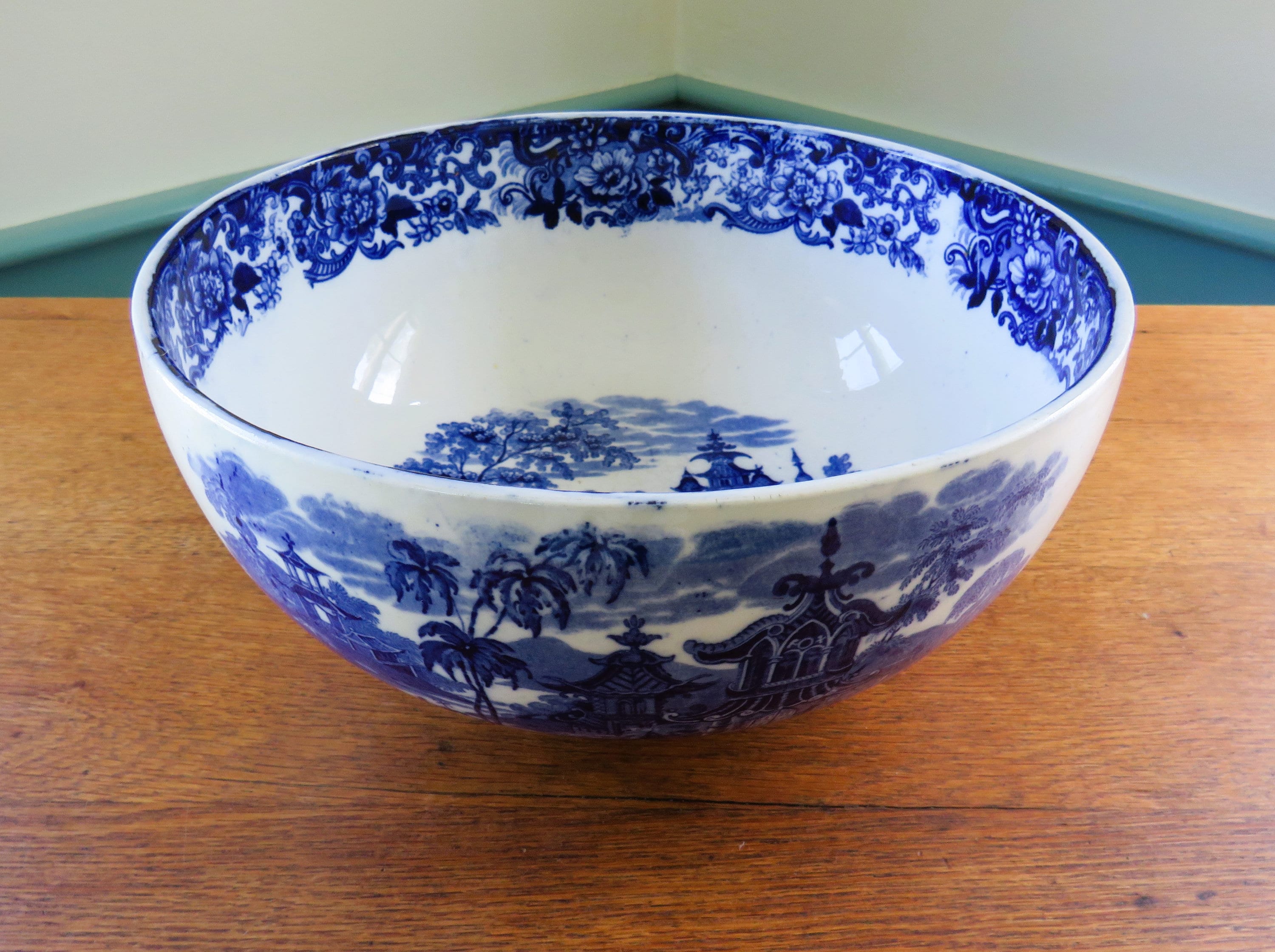 Antique Wedgwood Large Serving Bowl Blue Transferware, Chinese