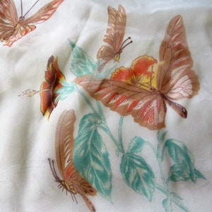 Cacharel Chiffon Butterfly - Orange Ivory Teal Brown Small Neck Kerchief Scarf, Hand Rolled Hem - Silk Chinon Blend