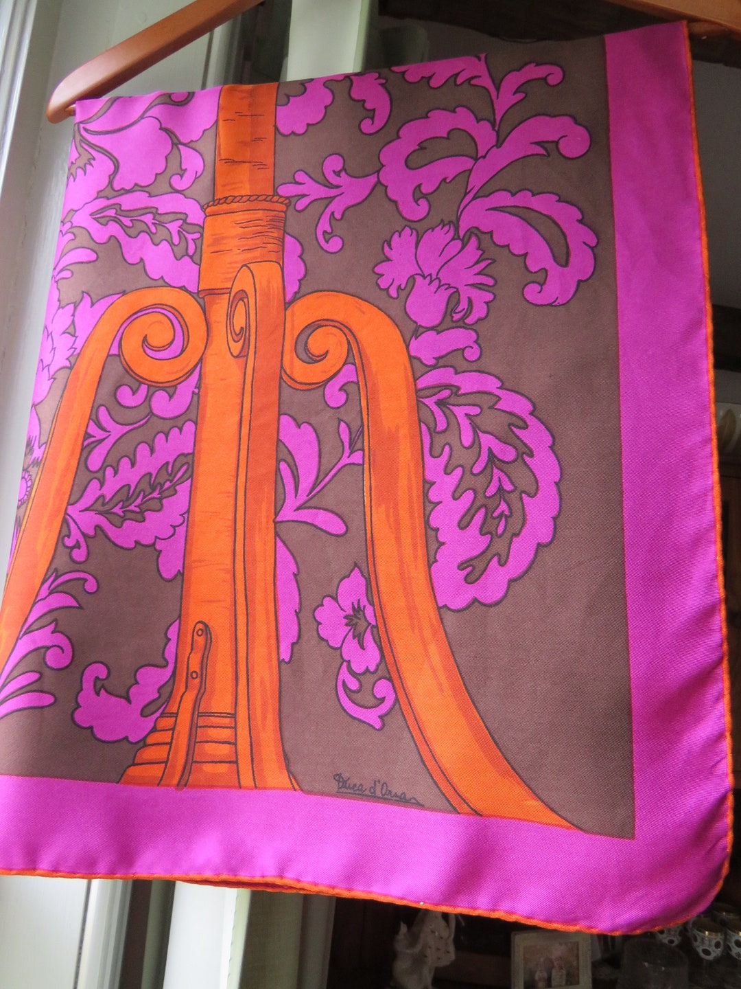 SILK Duca D' Oria Fuchsia Orange Scarf Made in Italy Hand