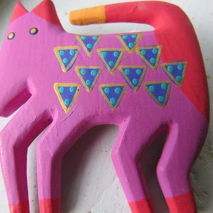 Laurel Burch HAND PAINTED Wood Dog Brooch, Bright Pink Orange Blue Purple Gold and Happy