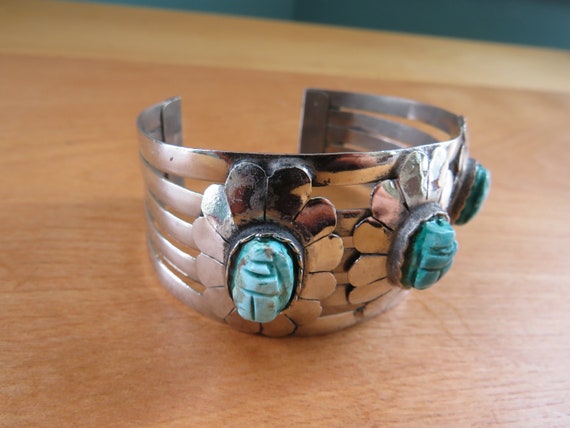 Ceramic Scarab Silver Plated Brass Cuff Bracelet,… - image 3