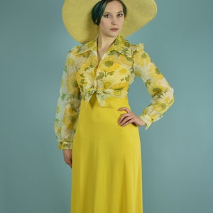 1970s Buttercup Yellow Maxi Dress w/ Floral Jacket