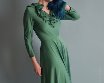 1970s Nylon Maxi Dress w/ Ruffle Neckline Emerald Green  Disco Dress