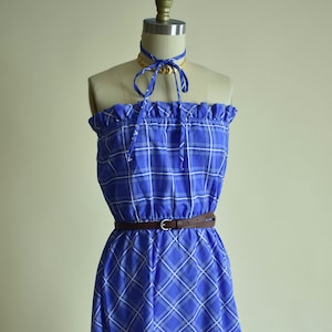 Wendy - 1980s Strapless Plaid Picnic Dress in Cornflower Blue